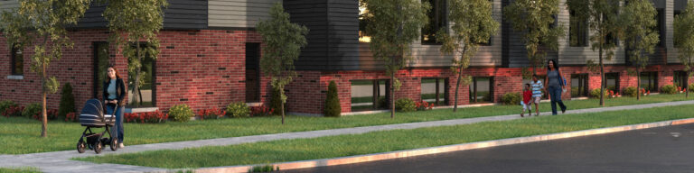 A rendering shows families walking along a tree-lined sidewalk in front of the New Beginnings affordable housing townhomes with brick and siding exterior.