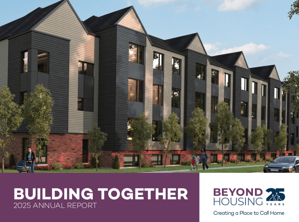 Cover of Beyond Housing’s 2025 Annual Report showing a rendering of a multi-storey affordable housing building, with the headline “Building Together” and the Beyond Housing 25th anniversary logo.