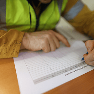 Worker in a high-visibility vest completing a risk assessment form on a clipboard at a desk.