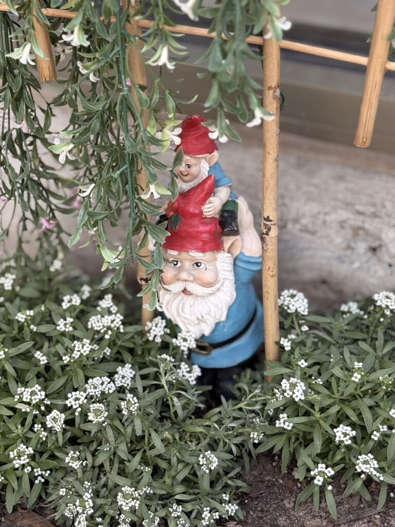 A garden gnome carrying a smaller gnome peeks out from beneath a trellis surrounded by small white flowers.