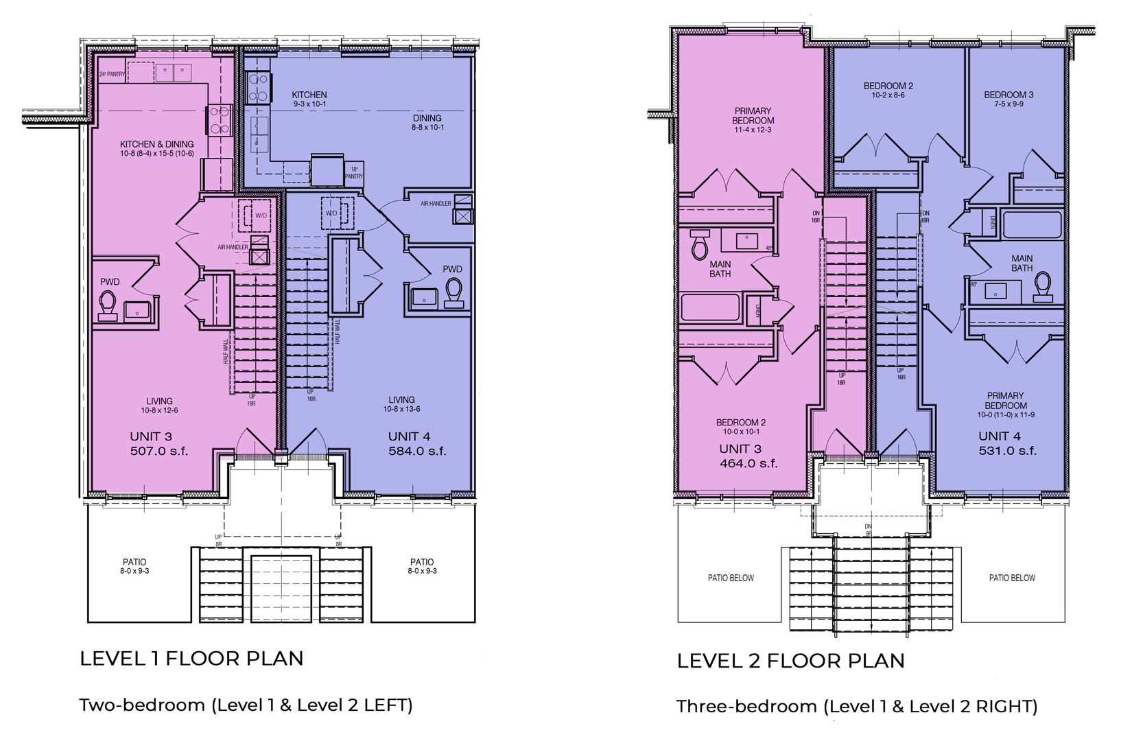 Floor plans for two stacked townhome units. Level 1 shows the main living areas, including kitchens, dining and living rooms, powder rooms, laundry and patios. Level 2 shows the bedrooms and full bathrooms. Unit 3 is a two-bedroom home, while Unit 4 is a three-bedroom home.
