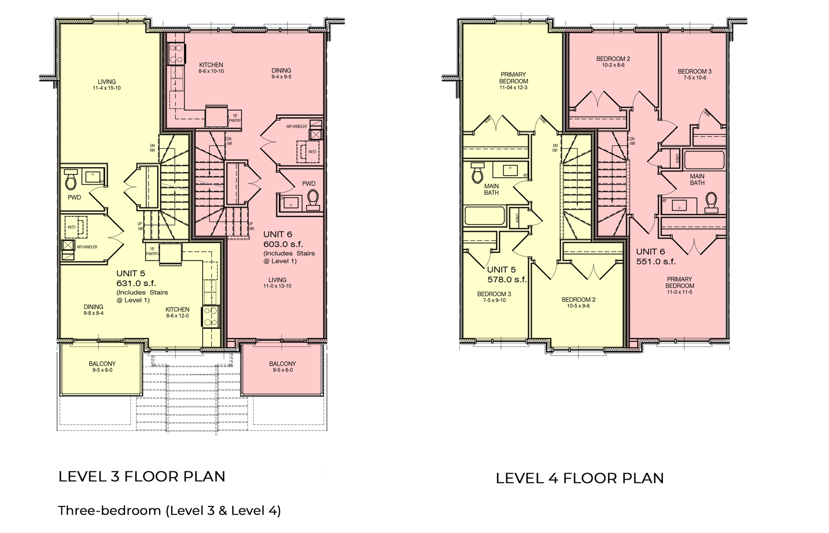 Floor plans for two three-bedroom stacked townhome units. Level 3 shows the main living areas, including kitchens, dining and living rooms, powder rooms, laundry and balconies. Level 4 shows three bedrooms and a full bathroom in each unit. Units 5 and 6 are accessed by interior stairs.