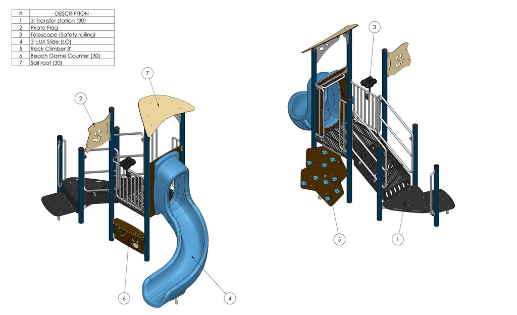 Design rendering of a pirate-themed playground structure with a blue slide, climbing wall, platforms, railings, flags, telescope and sail roof.