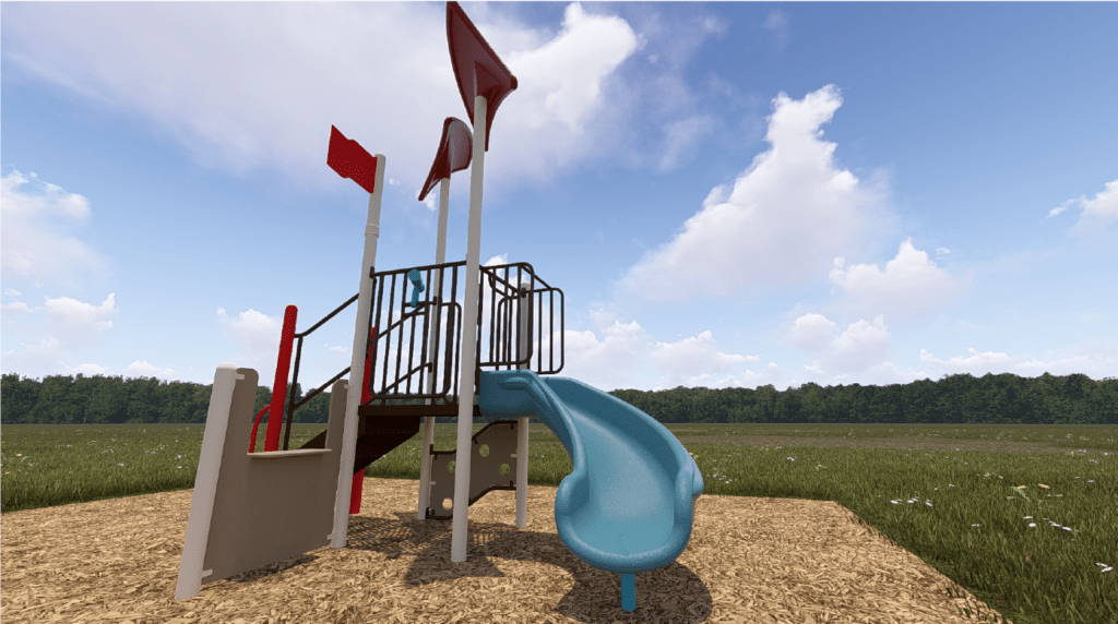 Rendering of a pirate-themed playground with a blue slide, beige posts and panels, brown railings and red flags, set on a wood-chip play surface.